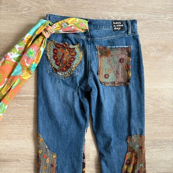 Handmade Upcycled 70s Flare Hippie Patchwork Jeans